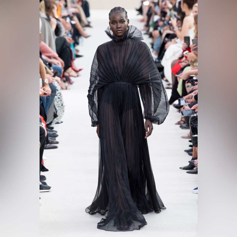 VALENTINO RUNWAY BLACK PLEATED LONG PUFF SLEEVE OPEN BACK GOWN DRESS IT 42